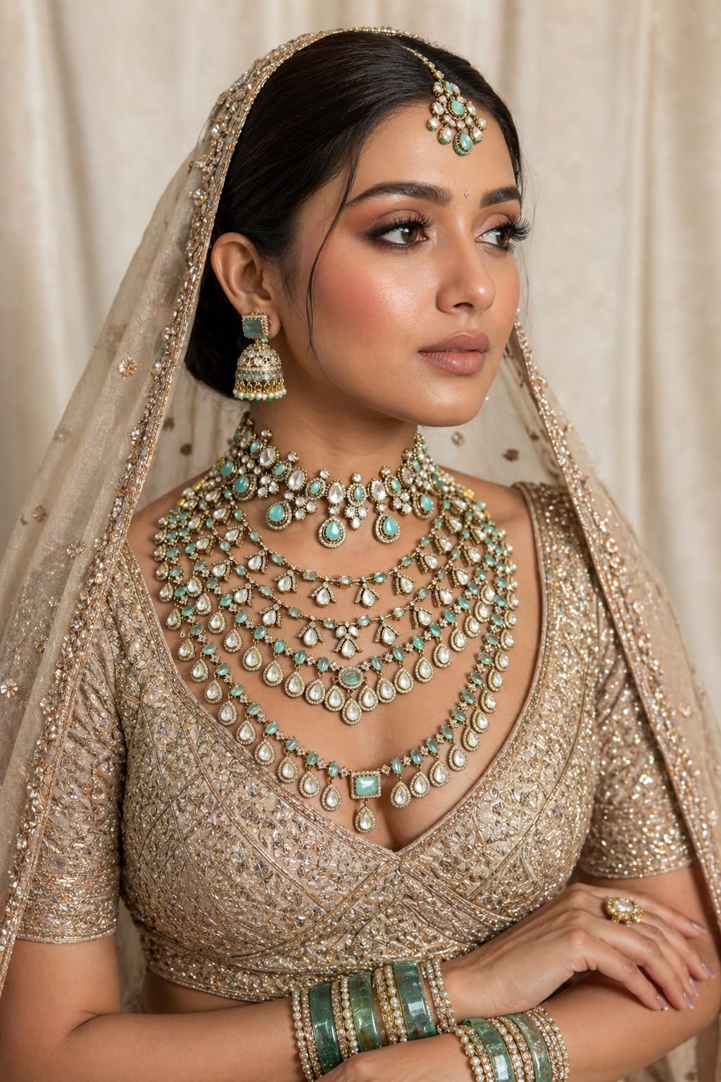 Close-up of Mint Green Jhumka Earrings and Maang Tikka with Kundan detailing.