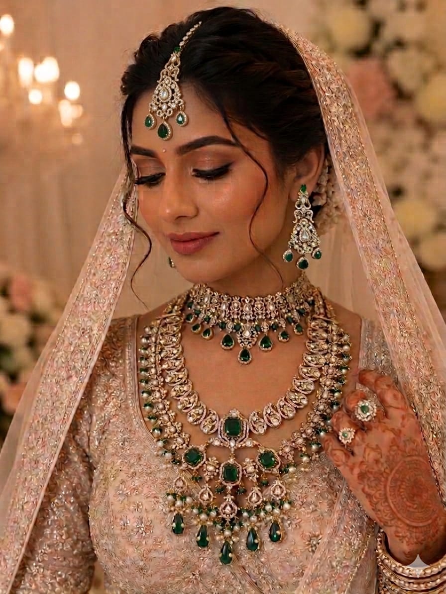 Luxury Bridal Kundan Polki Necklace Set with Green Stones