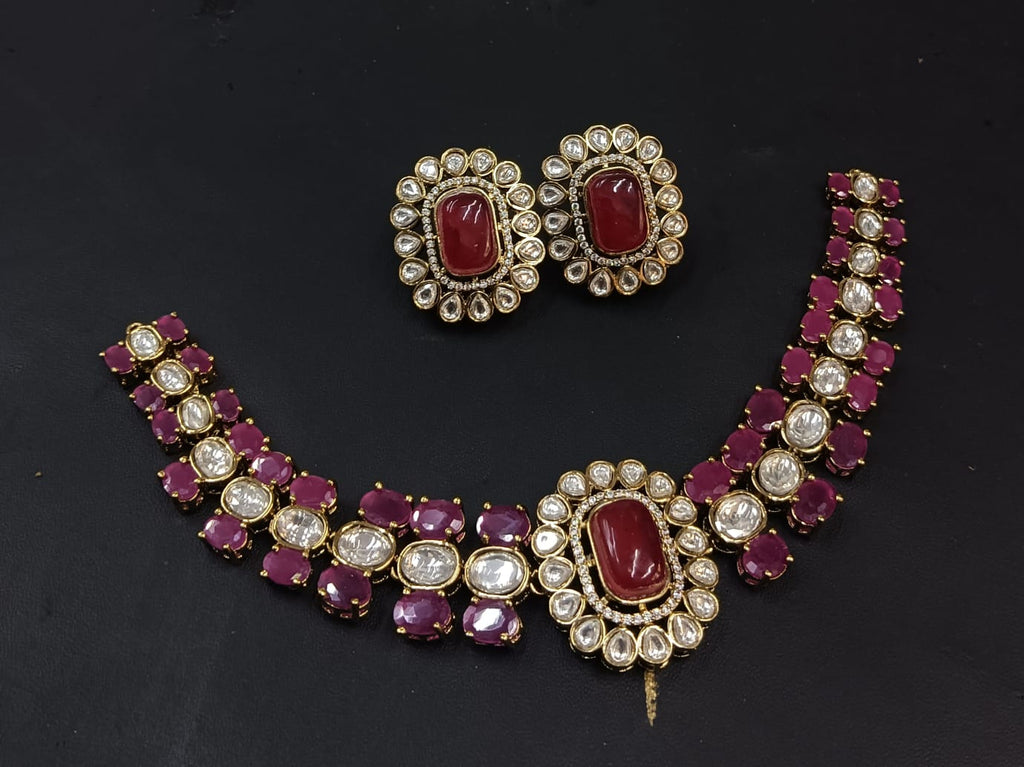 Ruby Red Bridal Kundan Polki Choker Necklace Set with Earrings