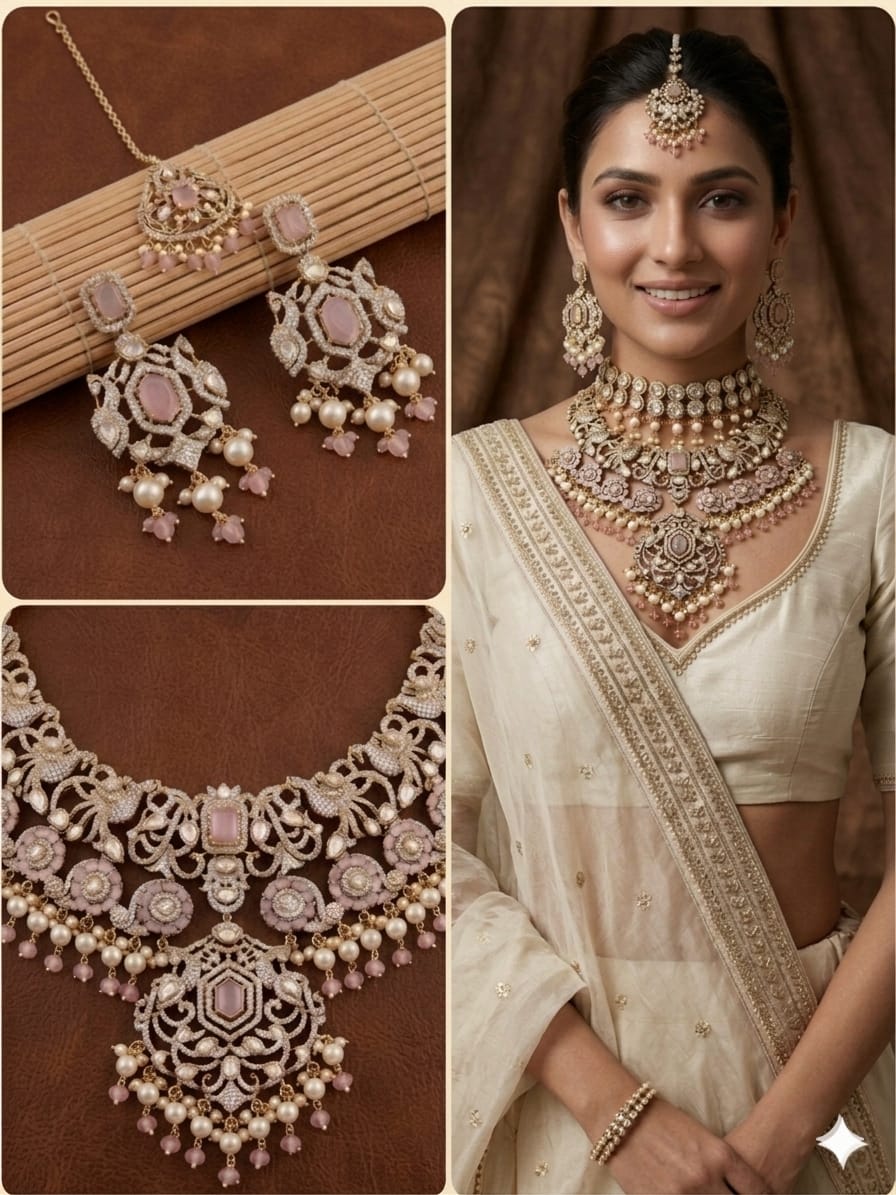 Luxury Pink Kundan Polki Bridal Jewellery Set with Pearl Drops