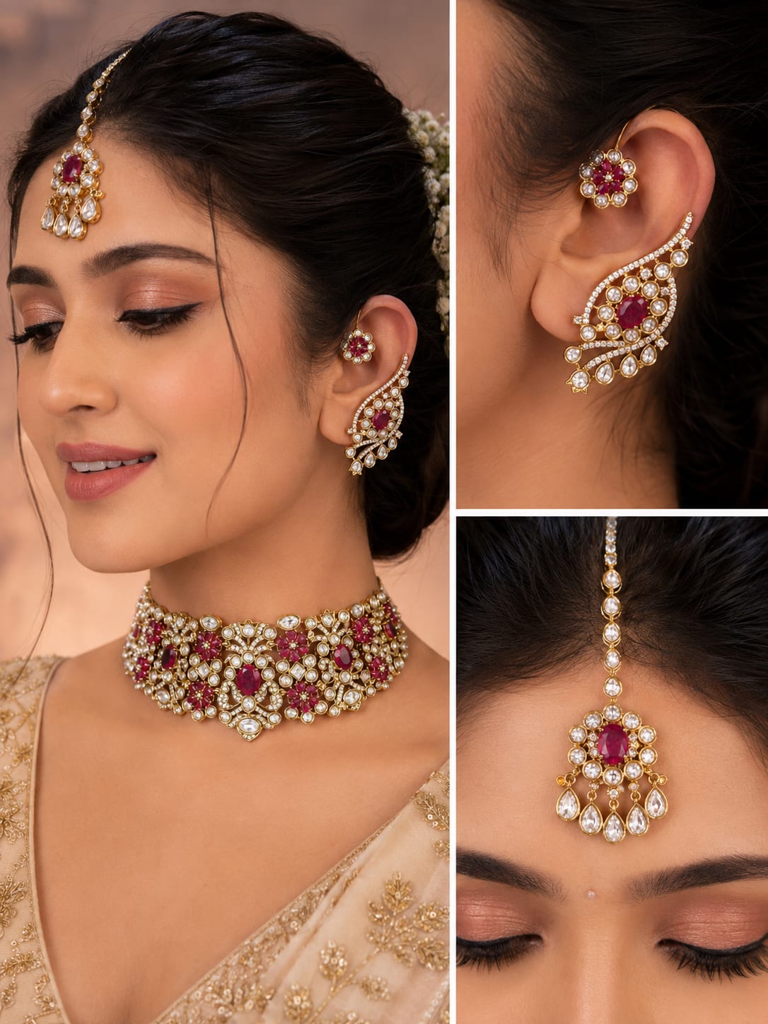 Ruby Pink Bridal Kundan Polki Jewellery Set