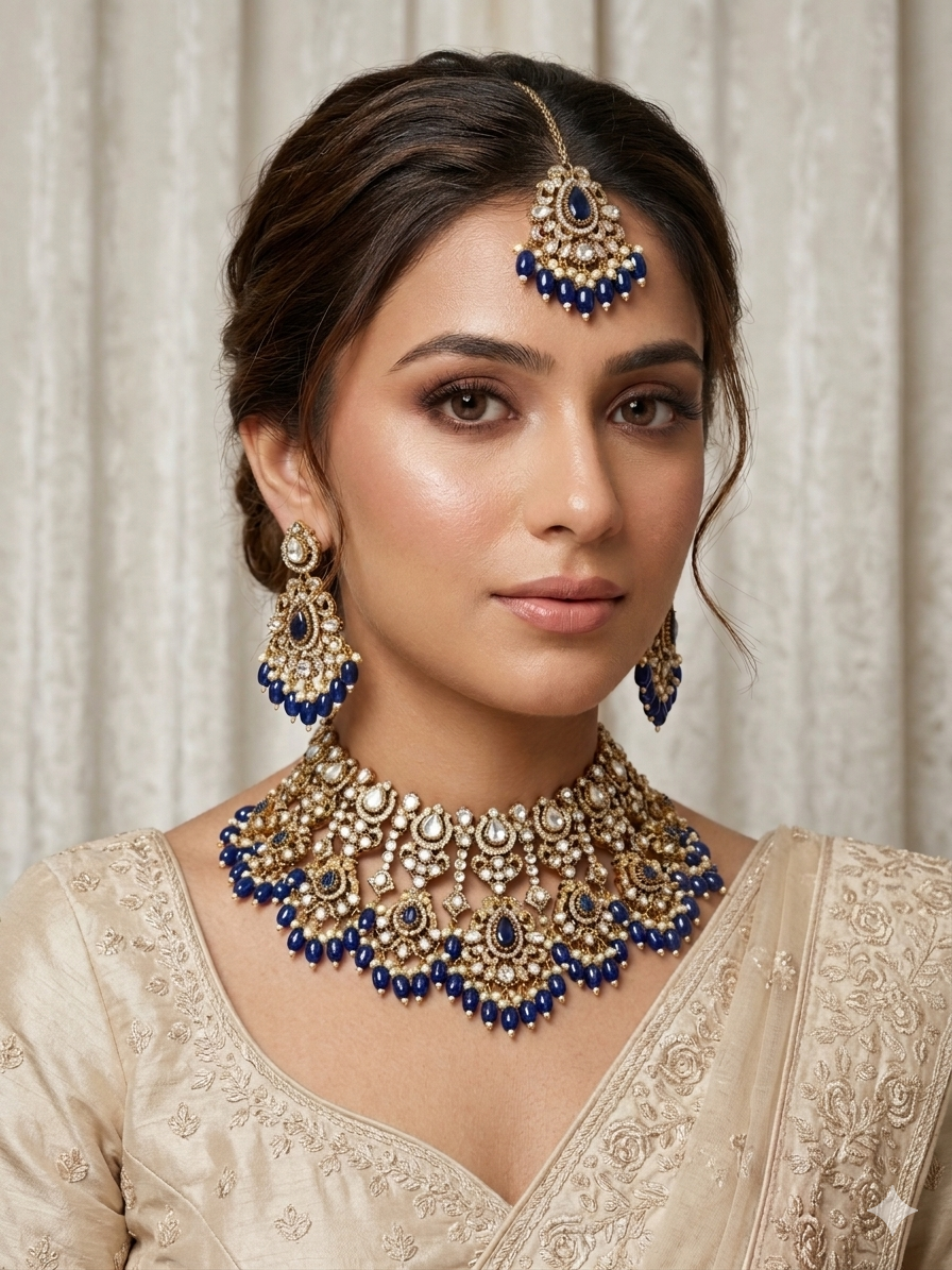 Royal blue kundan bridal choker necklace set for wedding