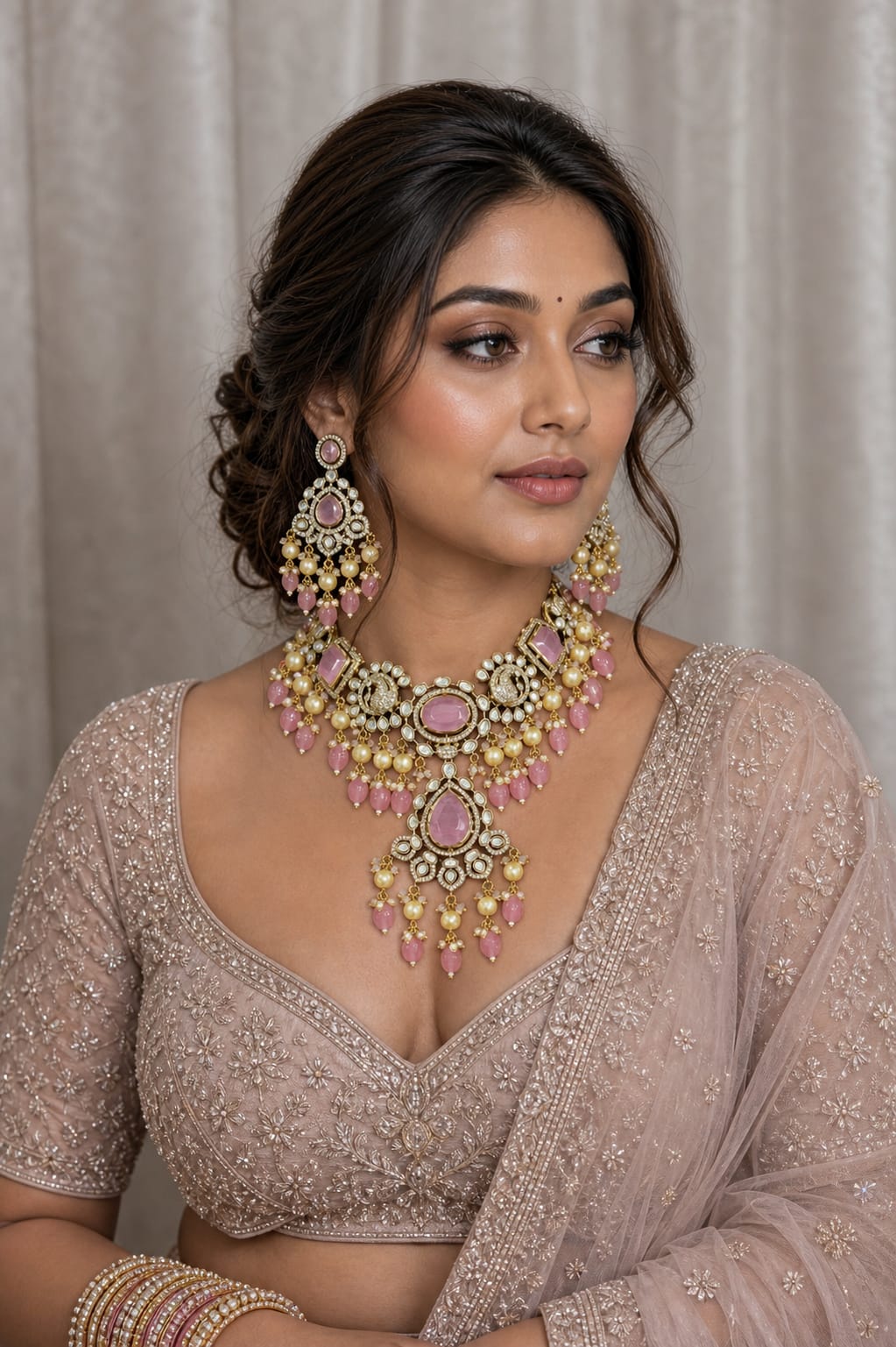 Pink kundan polki bridal necklace set with earrings