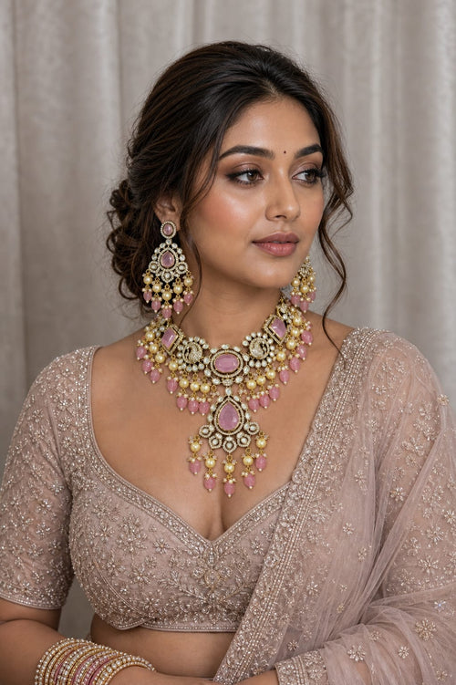 Pink kundan polki bridal necklace set with earrings