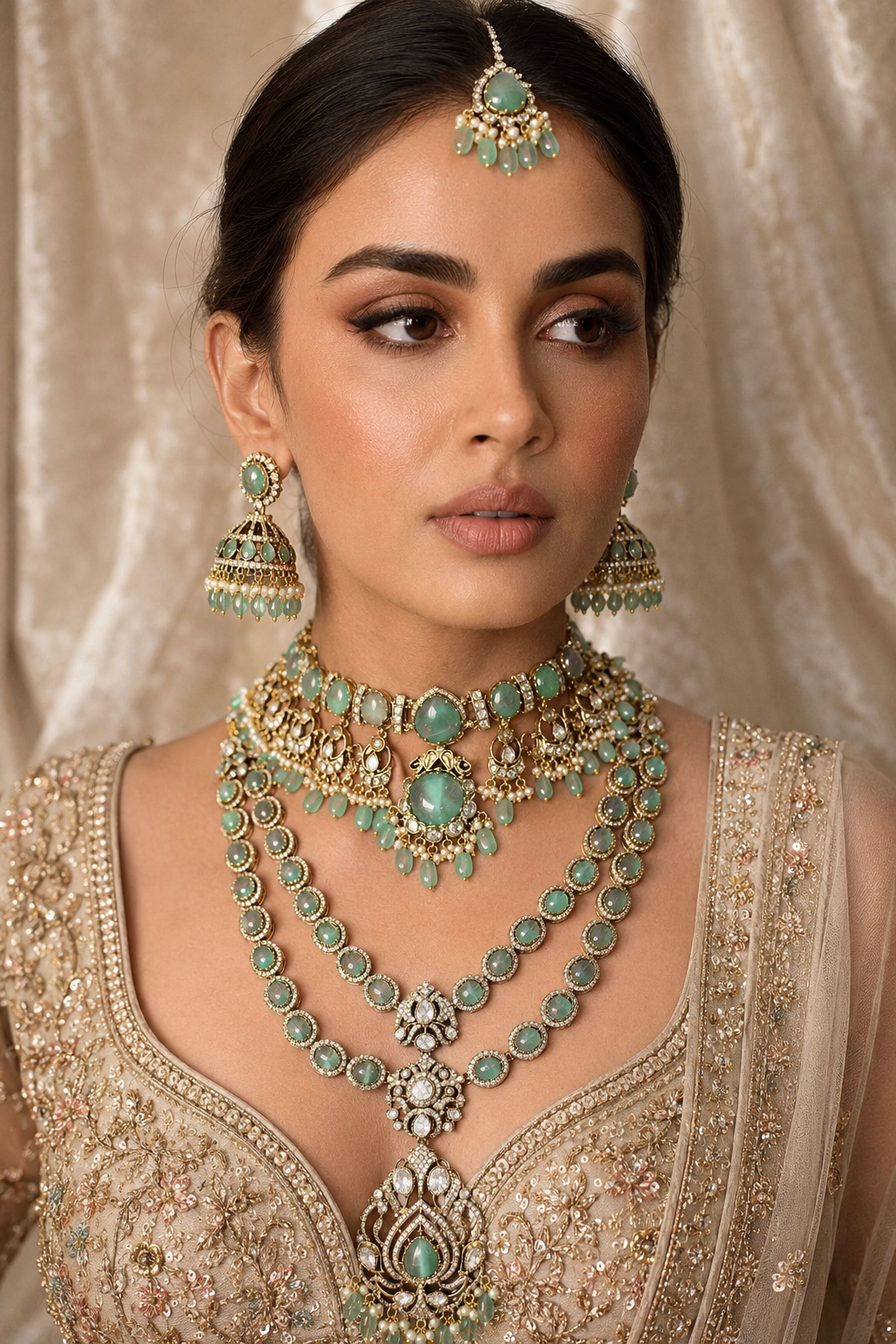 Sea green polki bridal jewellery set for Indian wedding
