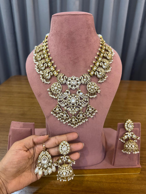 Bridal Kundan and Polki jewellery set with choker long necklace and earrings