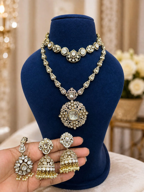 White Kundan Polki bridal jewellery set with choker long necklace and earrings