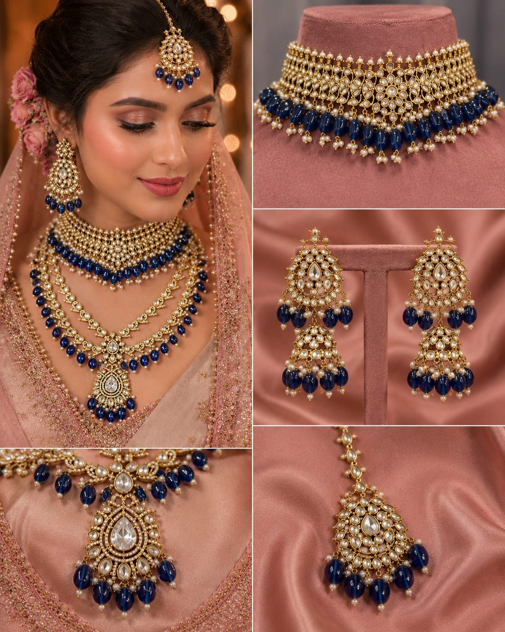 Luxury Navy Blue Polki Bridal Jewellery Set