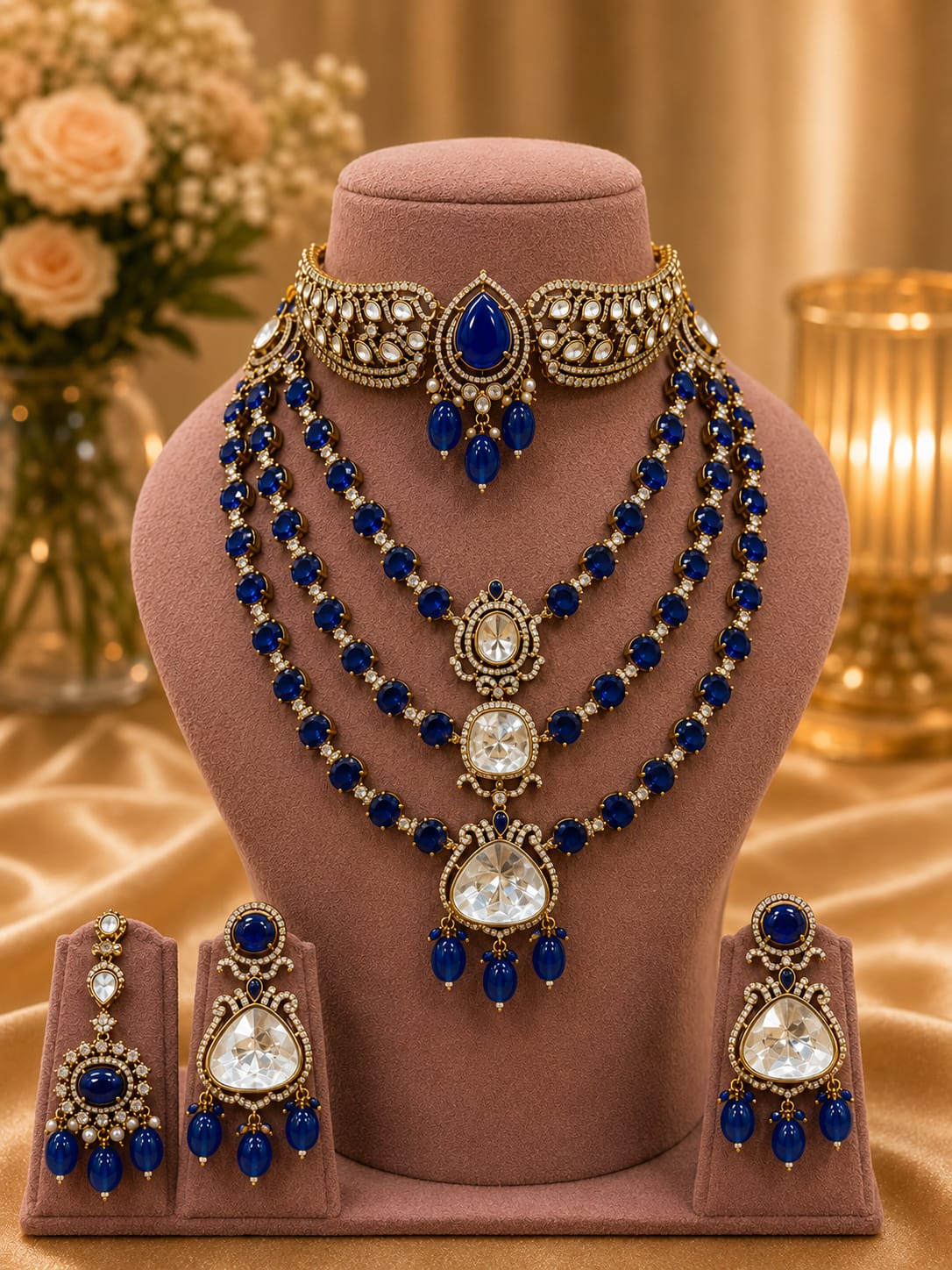 Royal Blue Bridal Kundan Polki Jewellery Set with Choker Long Necklace and Earrings