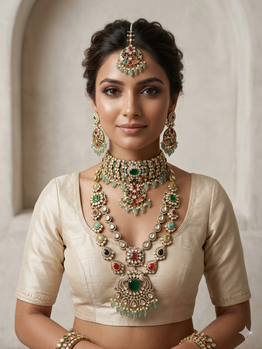 Indian bridal kundan choker set with multicolor stones and earrings
