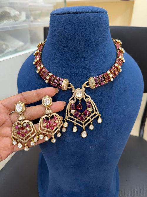 Ruby Red Kundan Choker Necklace Set with Polki Earrings for Brides - Ganesh Kundan & Polki.