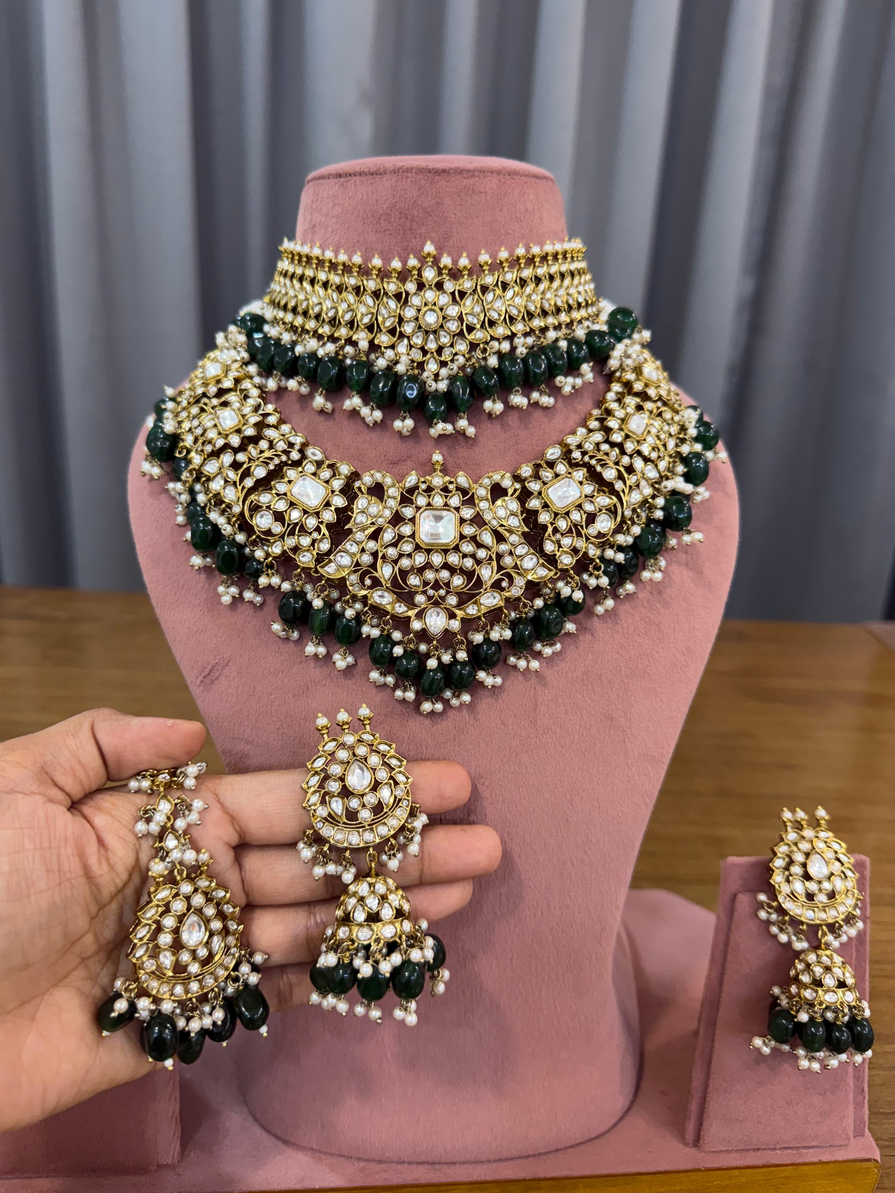 Bridal kundan polki jewellery set with dark green beads choker necklace and earrings