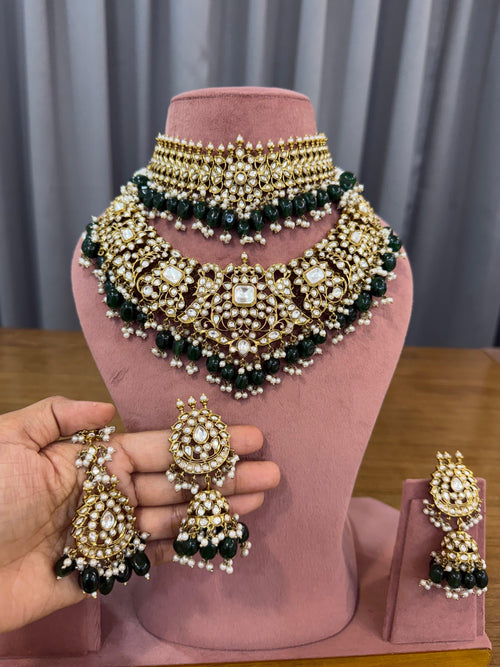 Bridal kundan polki jewellery set with dark green beads choker necklace and earrings