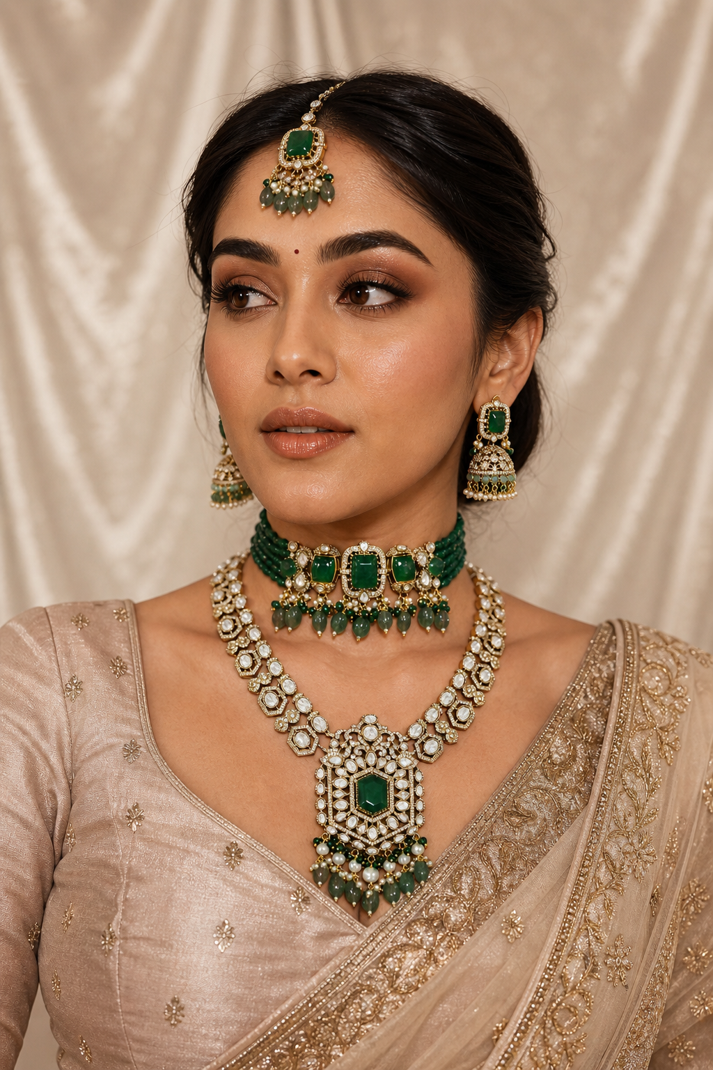 Bridal green kundan choker and long necklace set with earrings