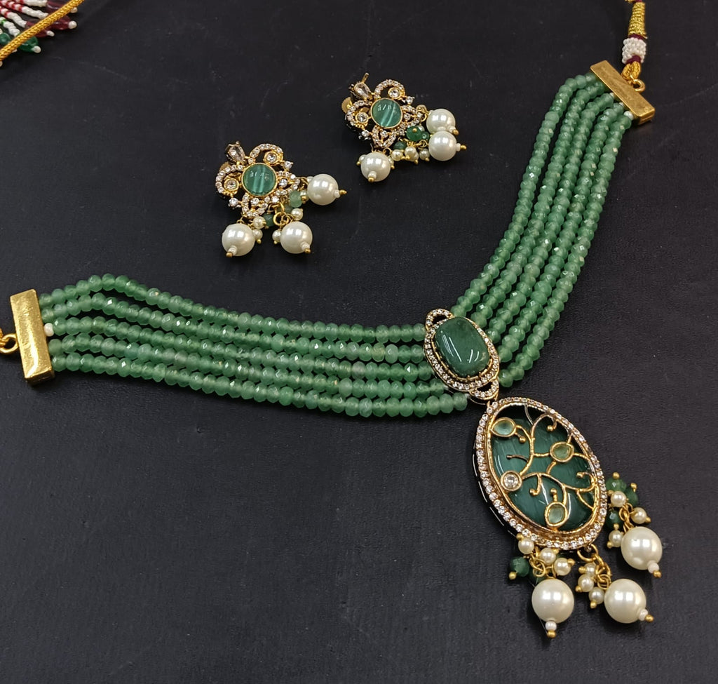Green Bridal Kundan Polki Jewellery Set with Multi Layer Beaded Choker and Earrings