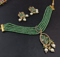 Green Bridal Kundan Polki Jewellery Set with Multi Layer Beaded Choker and Earrings