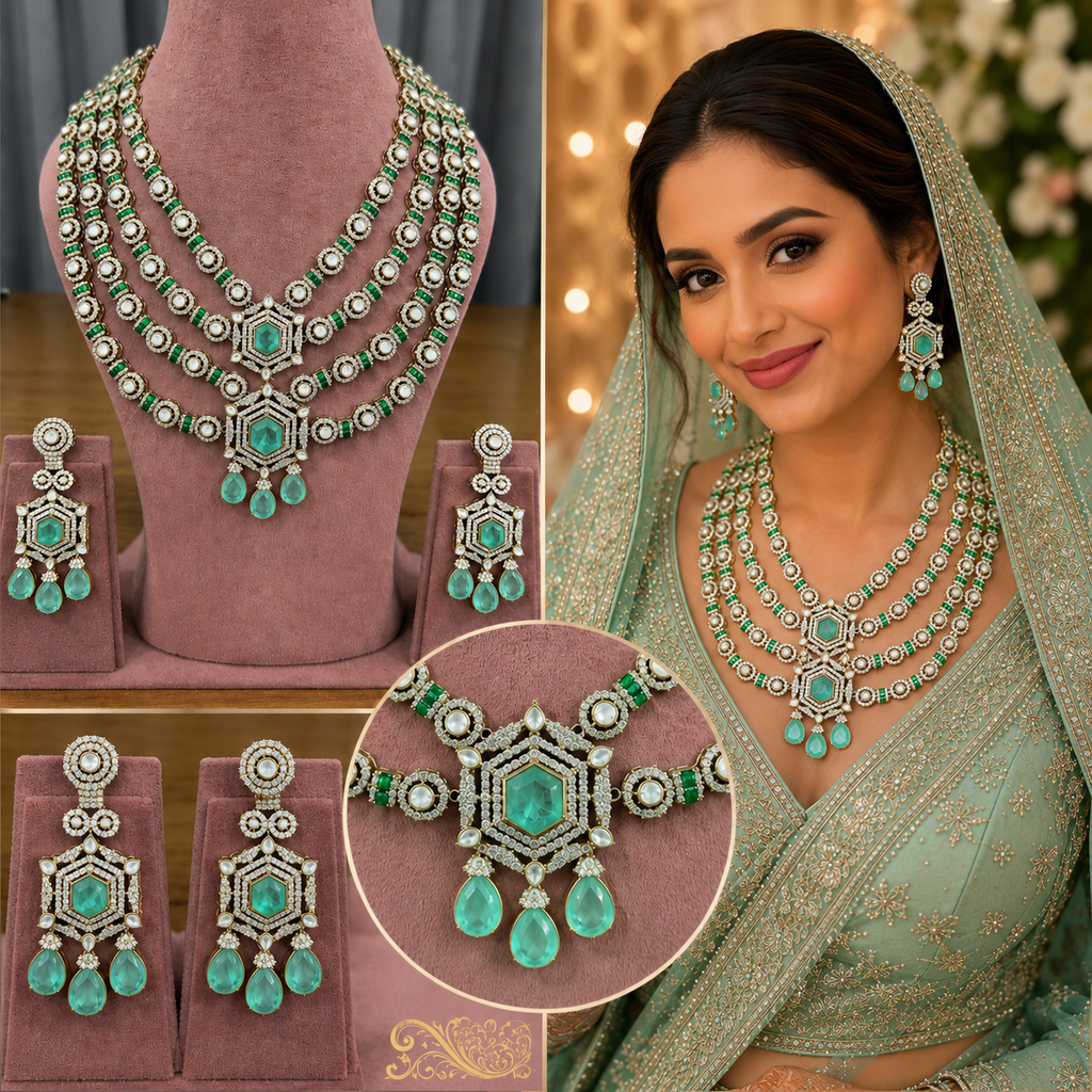 Emerald green bridal polki jewellery set for Indian weddings