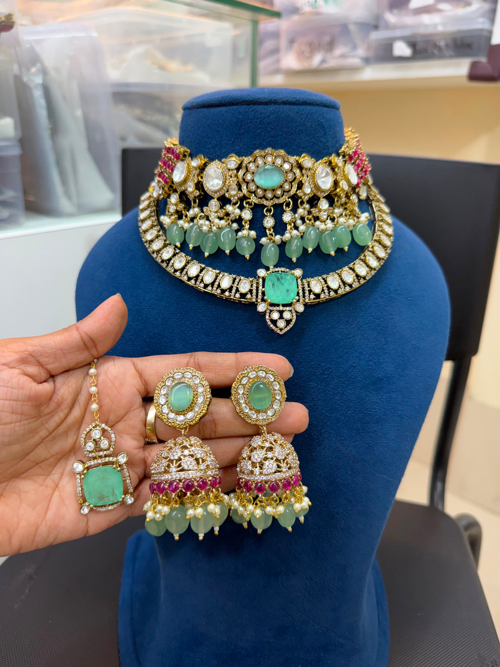 Premium Bridal Kundan Polki Choker Necklace Set with Mint Green Stones and Jhumka Earrings