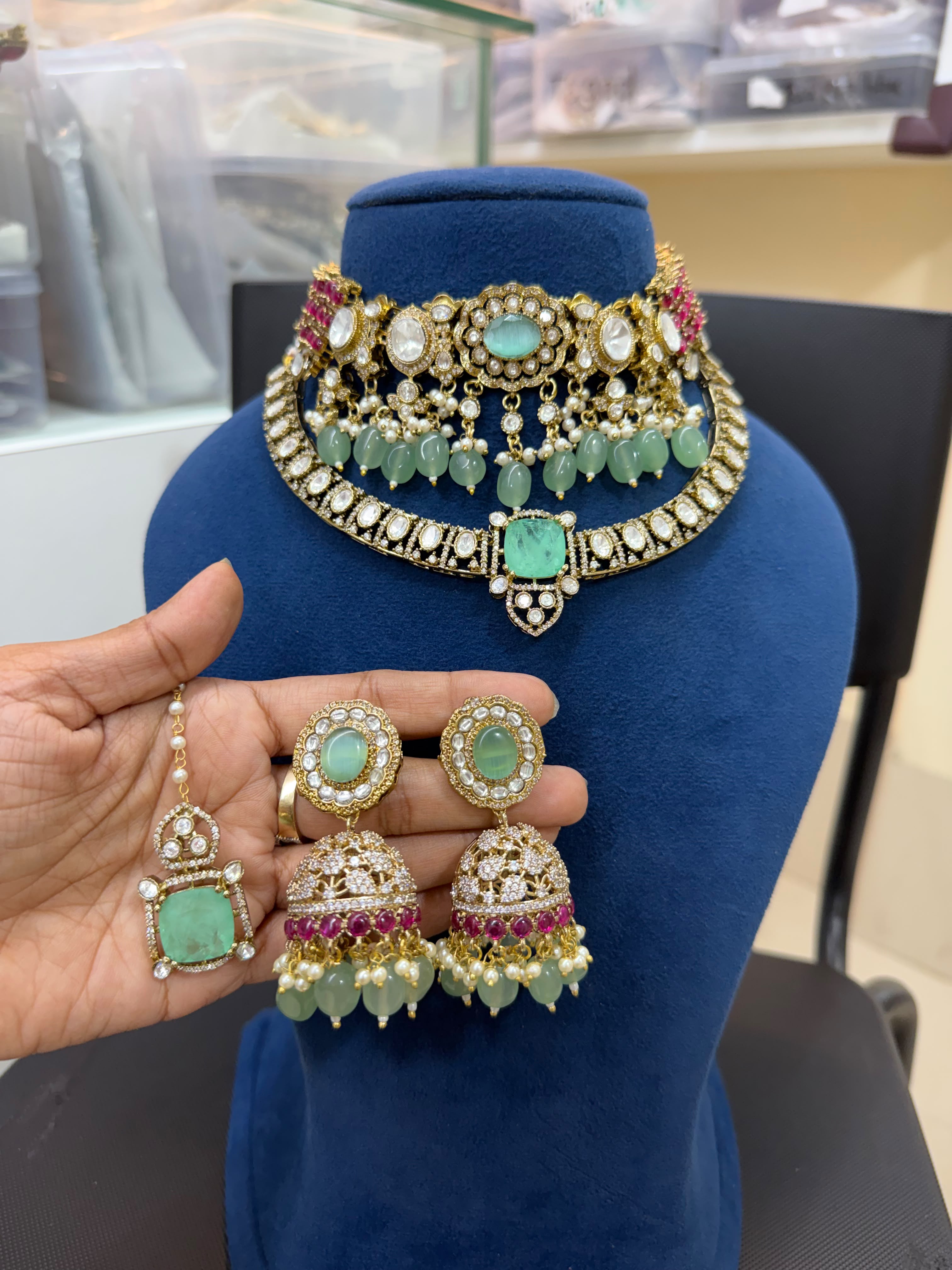 Premium Bridal Kundan Polki Choker Necklace Set with Mint Green Stones and Jhumka Earrings