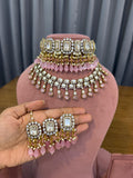 Pink Bridal Kundan Polki Choker Jewellery Set with Earrings