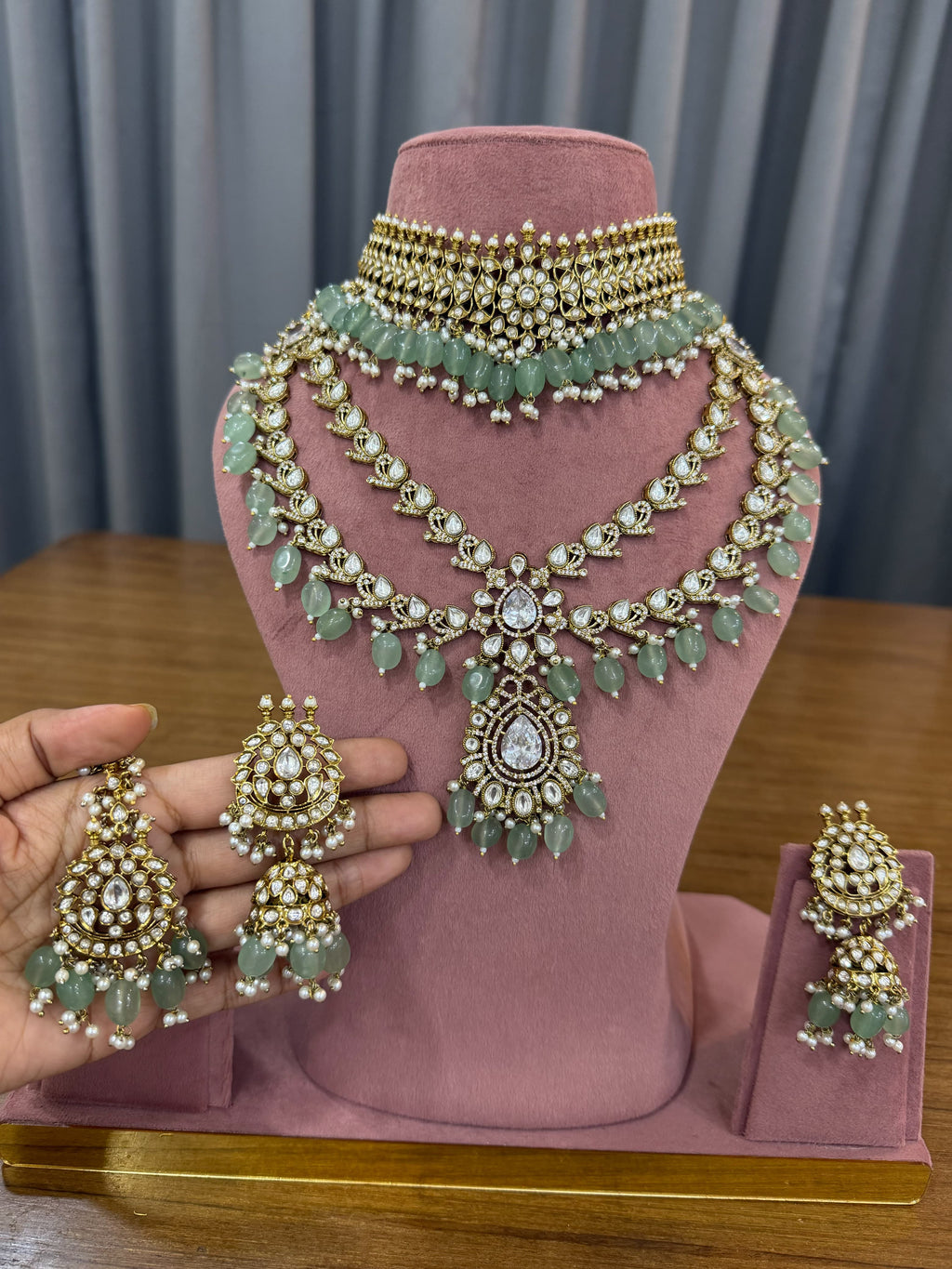 Mint Green Bridal Kundan Polki Jewellery Set with Choker and Long Necklace