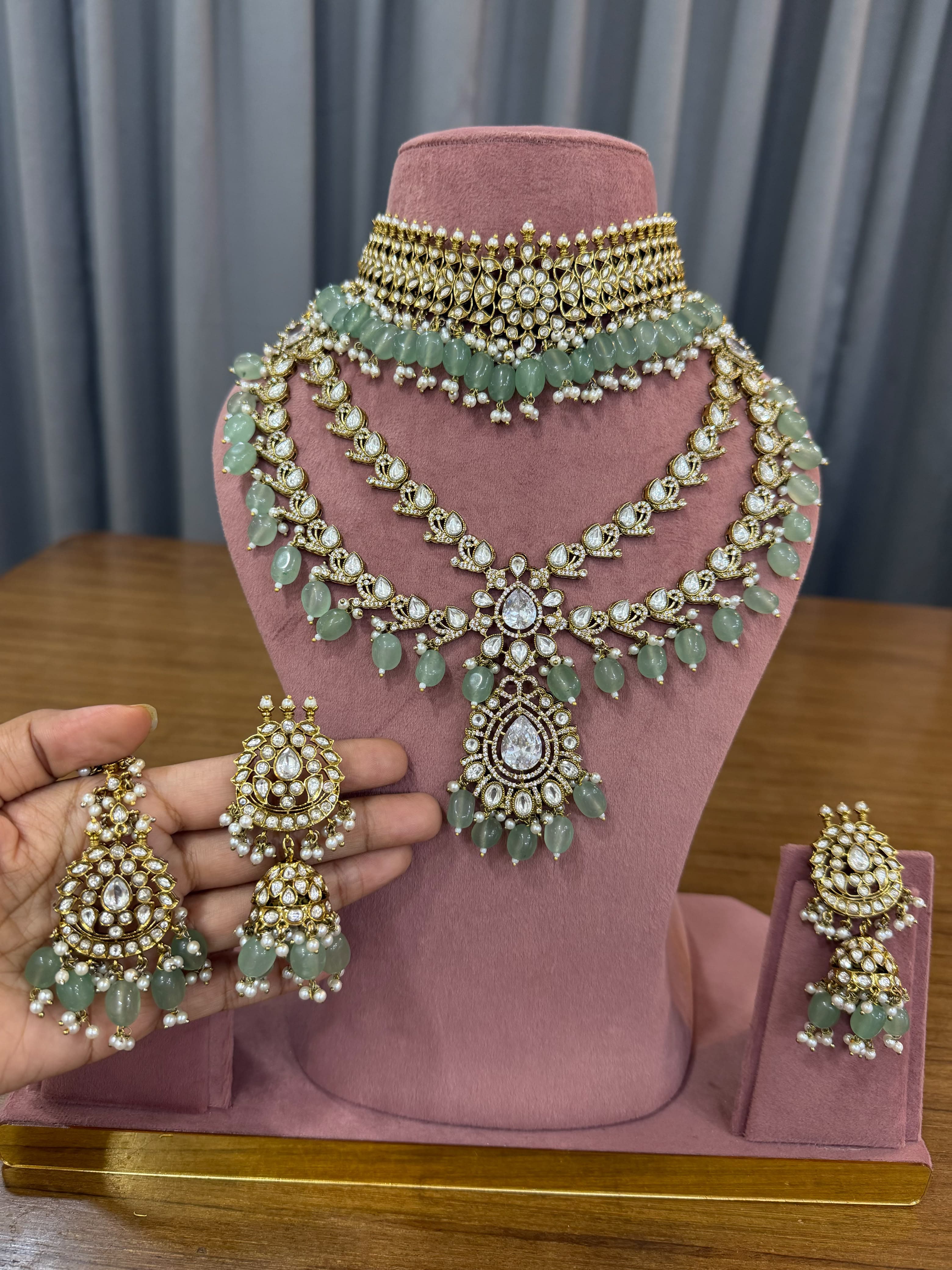 Mint Green Bridal Kundan Polki Jewellery Set with Choker and Long Necklace