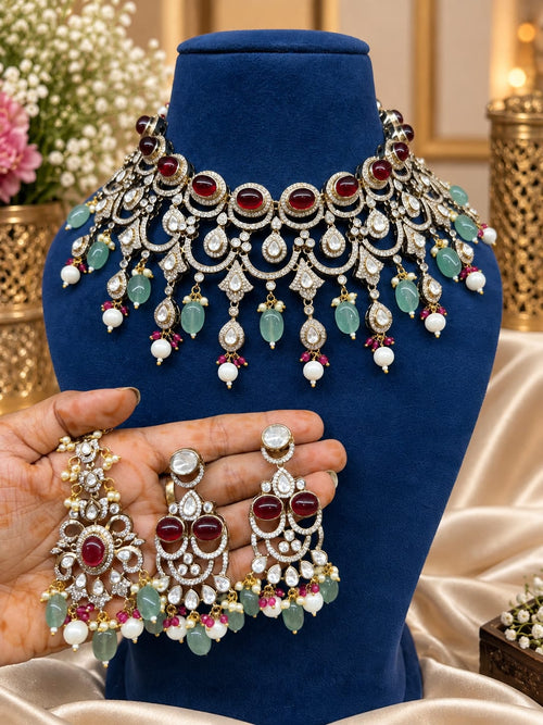 Bridal Kundan Polki choker jewellery set with maroon and green stones