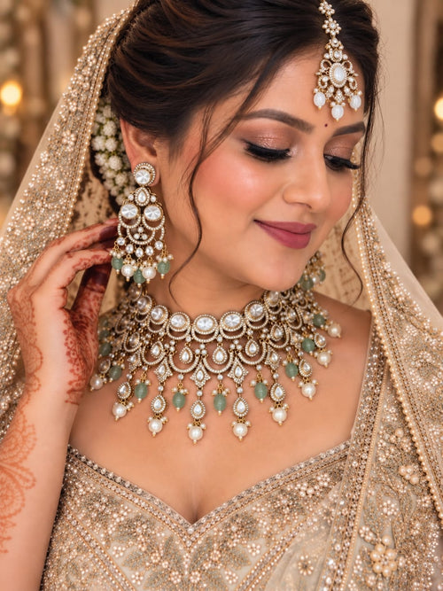 Green Kundan Bridal Choker Set with Matching Earrings and Maang Tikka