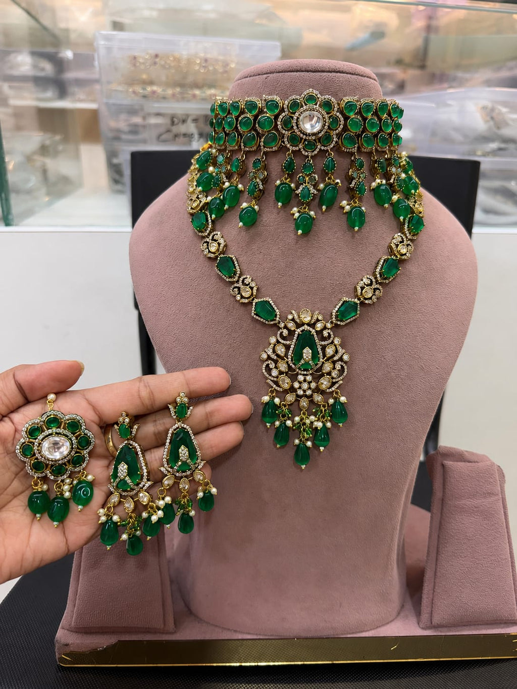 Premium Emerald Green Bridal Kundan Polki Choker and Long Necklace Jewellery Set with Earrings and Maang Tikka