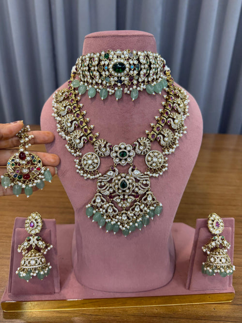 Emerald Green Ruby Bridal Kundan Polki Jewellery Set with Choker Necklace and Earrings