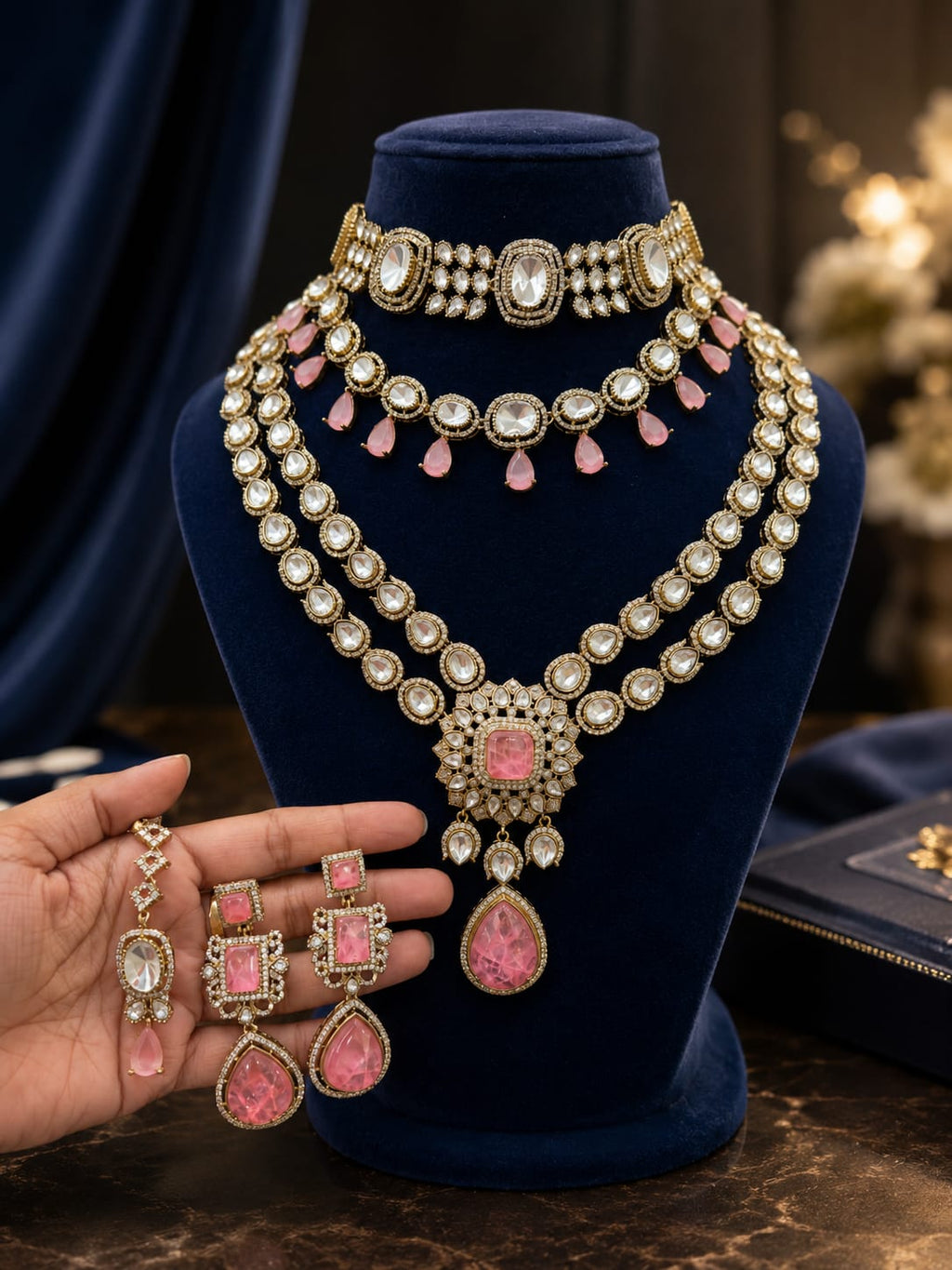 Ganesh Kundan & Polki Bridal Jewellery Set in Pink and Gold with Choker and Long Necklace