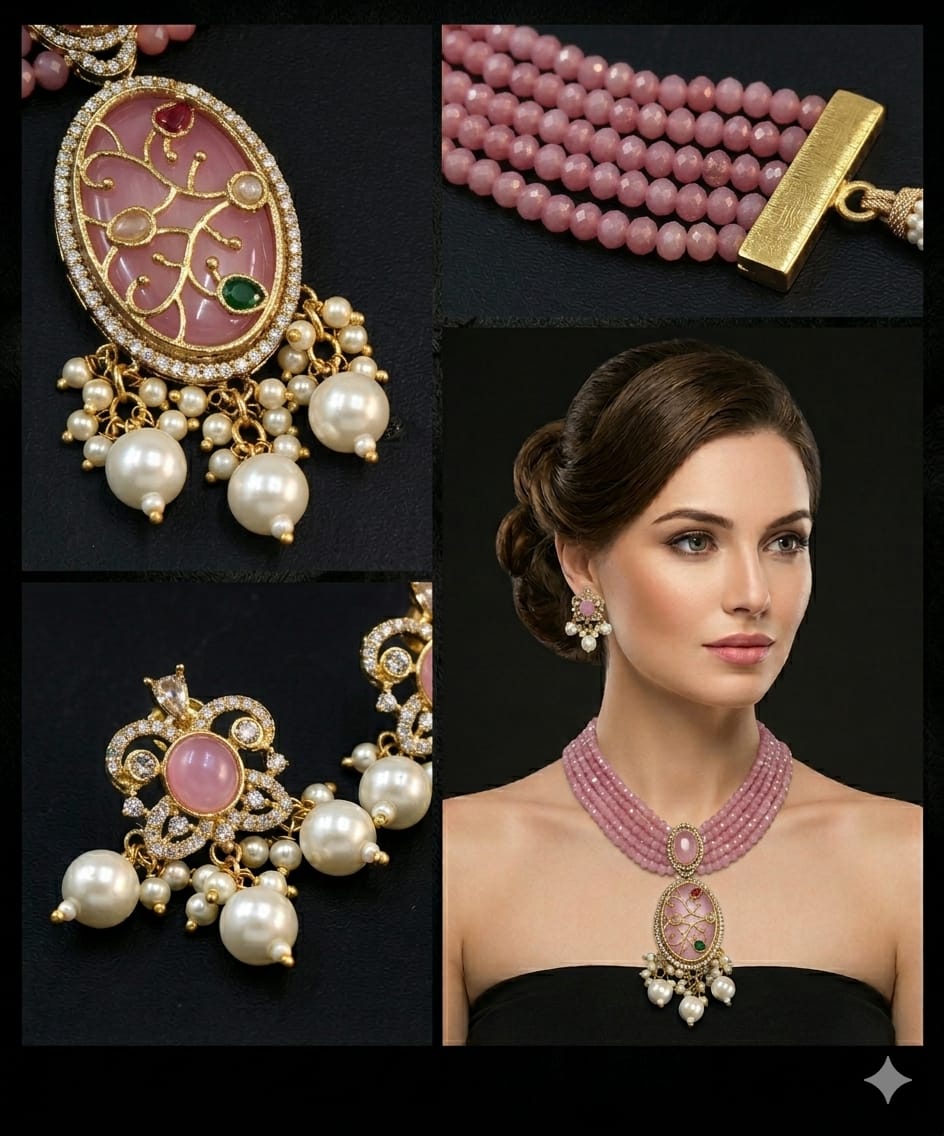 Pink Polki bridal jewellery set for wedding wear