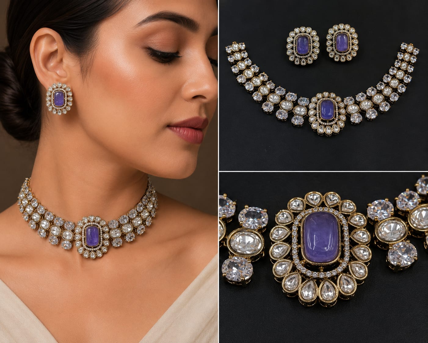 Uncut polki diamond choker necklace with purple stone centerpiece