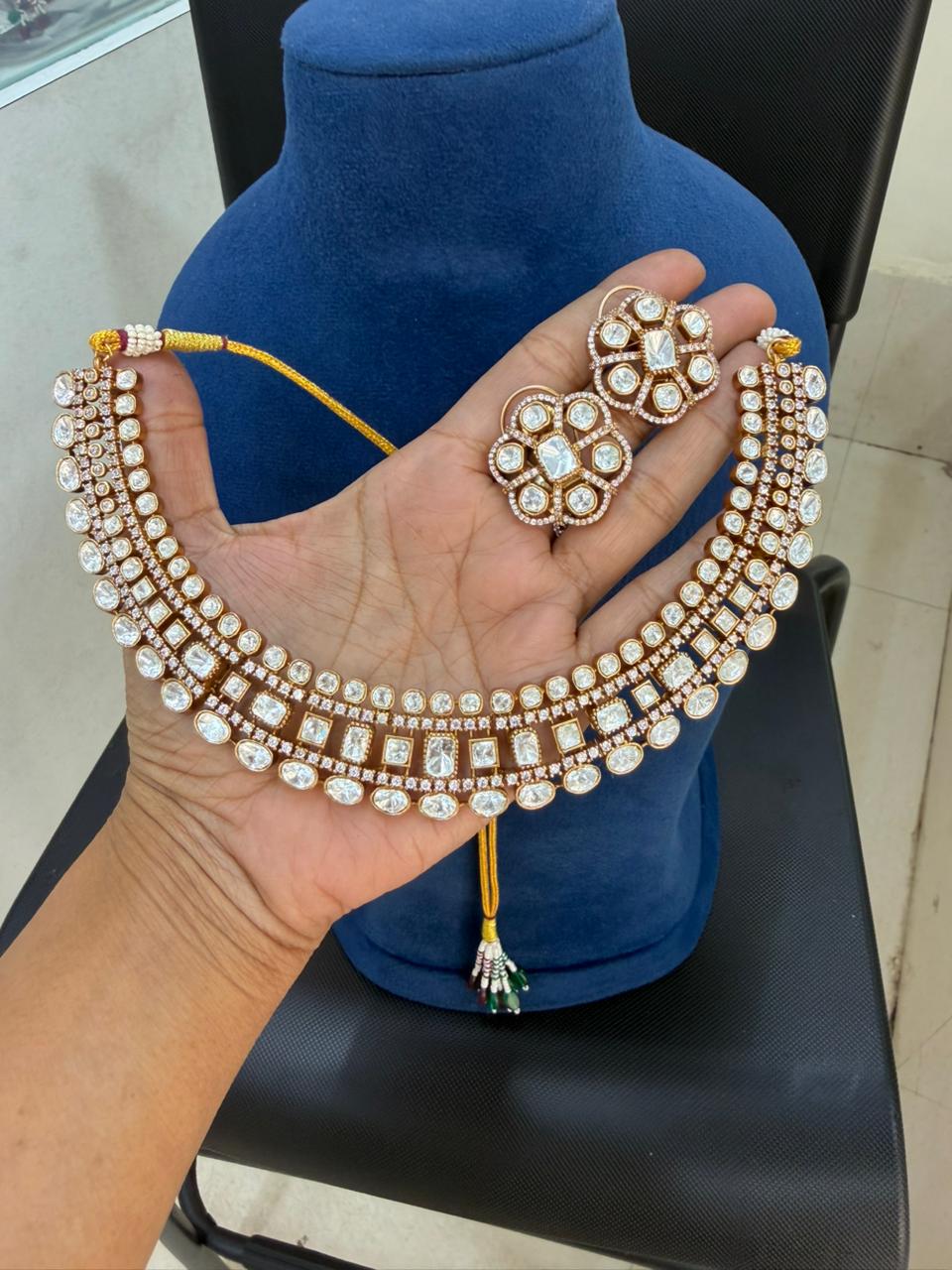 Bridal kundan polki choker necklace set with earrings gold finish