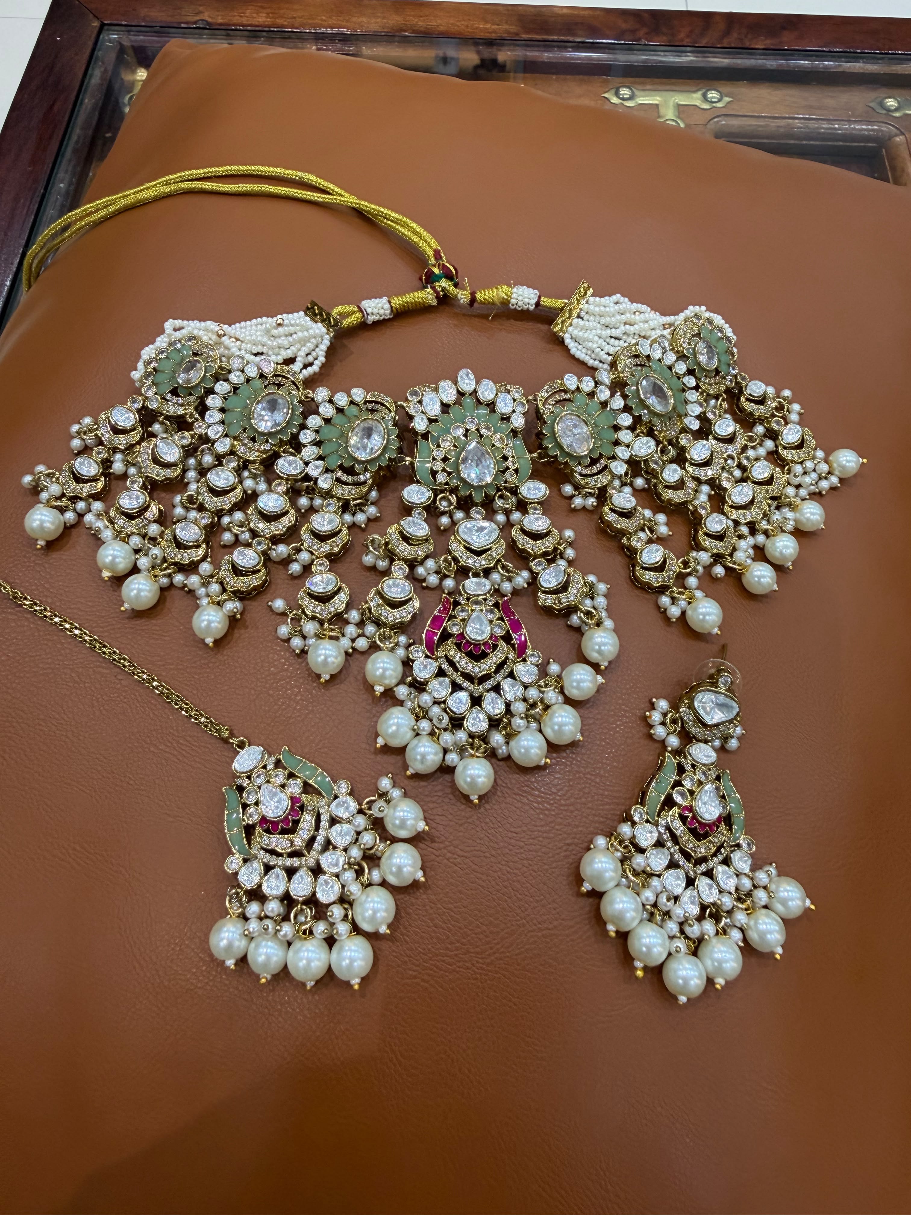 Mint Pink Bridal Kundan Polki Choker Jewellery Set with Earrings and Maang Tikka