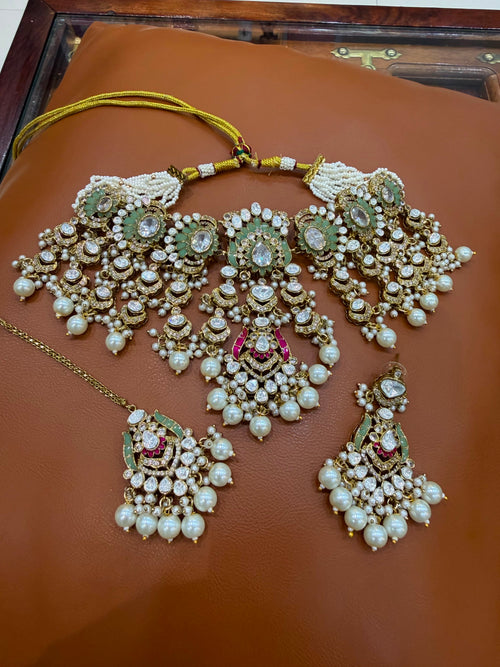 Mint Pink Bridal Kundan Polki Choker Jewellery Set with Earrings and Maang Tikka