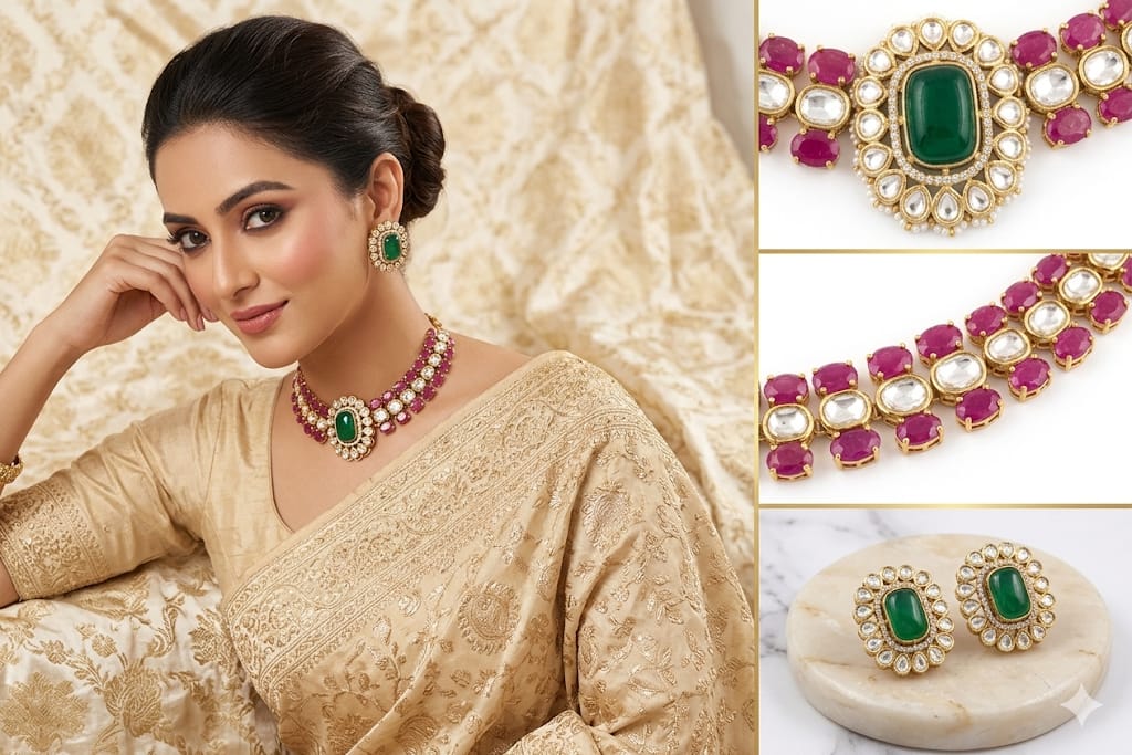 Luxury bridal Kundan Polki choker set for Indian wedding