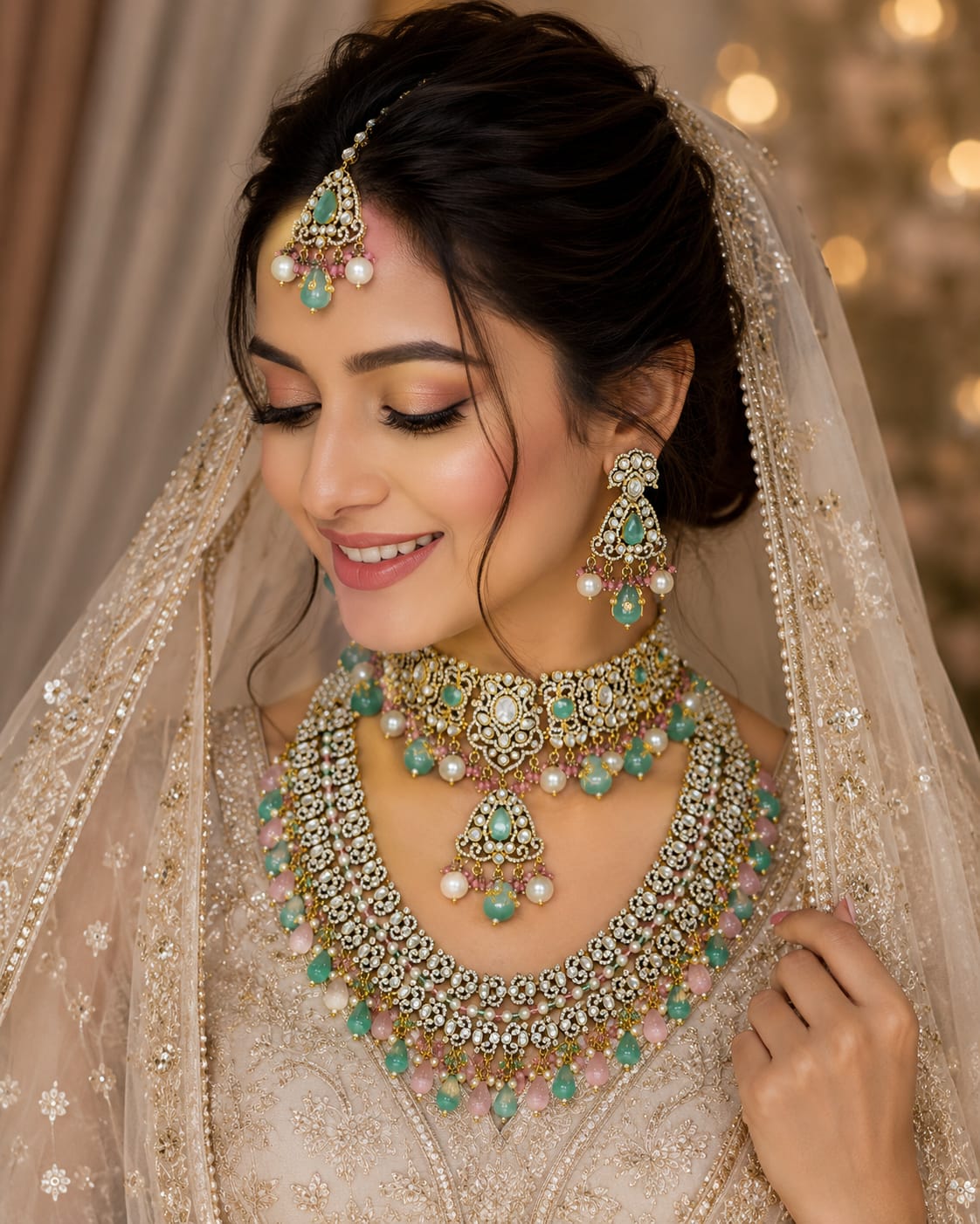 Mint Green Bridal Kundan Polki Choker Set for Wedding
