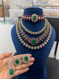 Premium Emerald Green & Ruby Pink Bridal Kundan & Polki Jewellery Set with Choker, Layered Necklace and Earrings