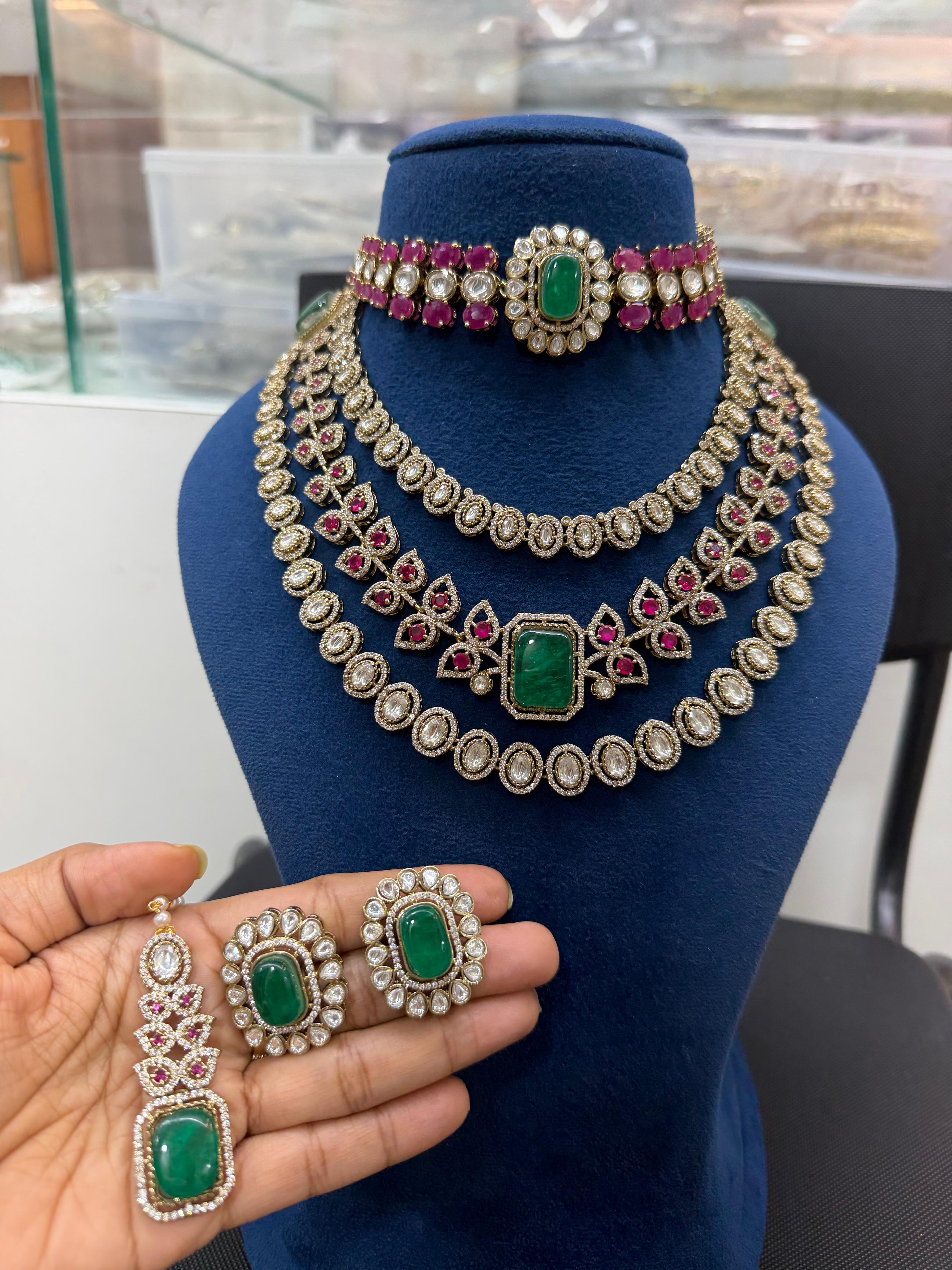 Premium Emerald Green & Ruby Pink Bridal Kundan & Polki Jewellery Set with Choker, Layered Necklace and Earrings
