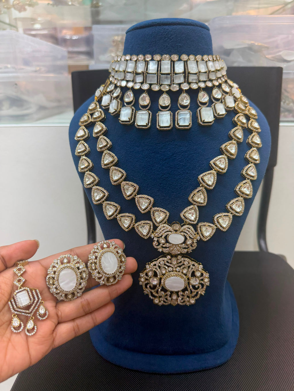 Premium White Bridal Kundan & Polki Jewellery Set with Choker, Long Necklace and Earrings