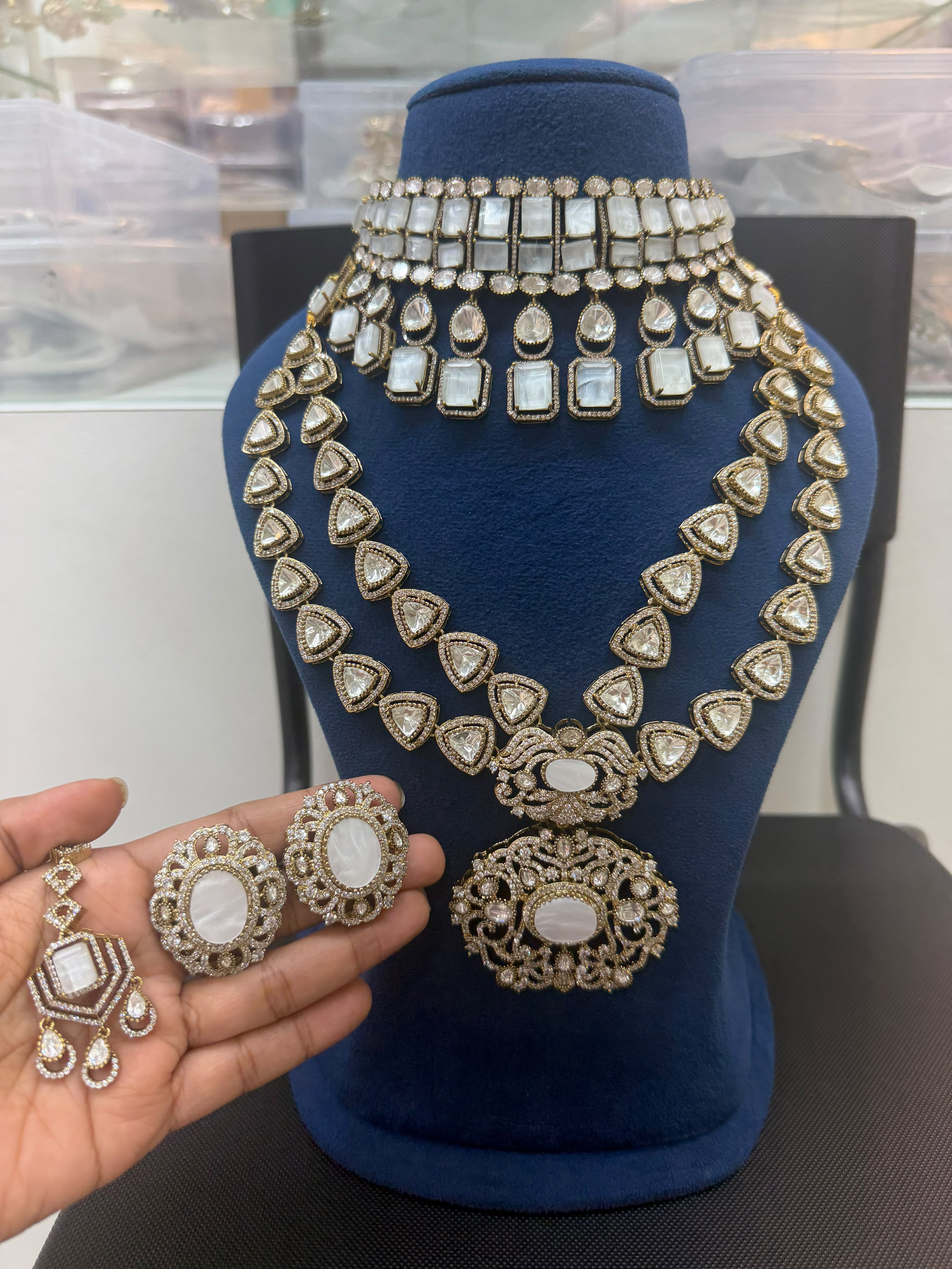 Premium White Bridal Kundan & Polki Jewellery Set with Choker, Long Necklace and Earrings