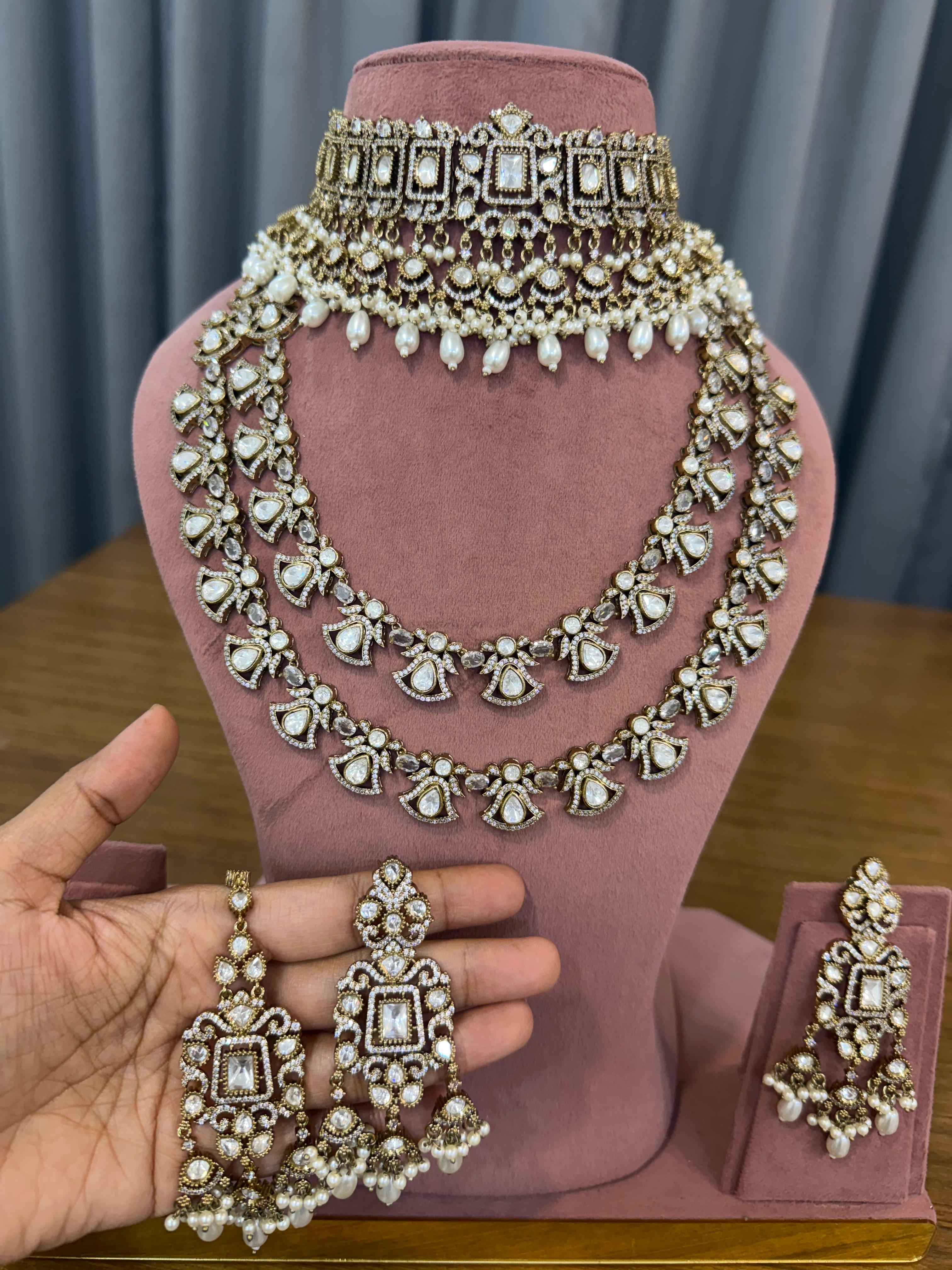 Pearl White Bridal Kundan and Polki Jewellery Set with Choker and Layered Necklace