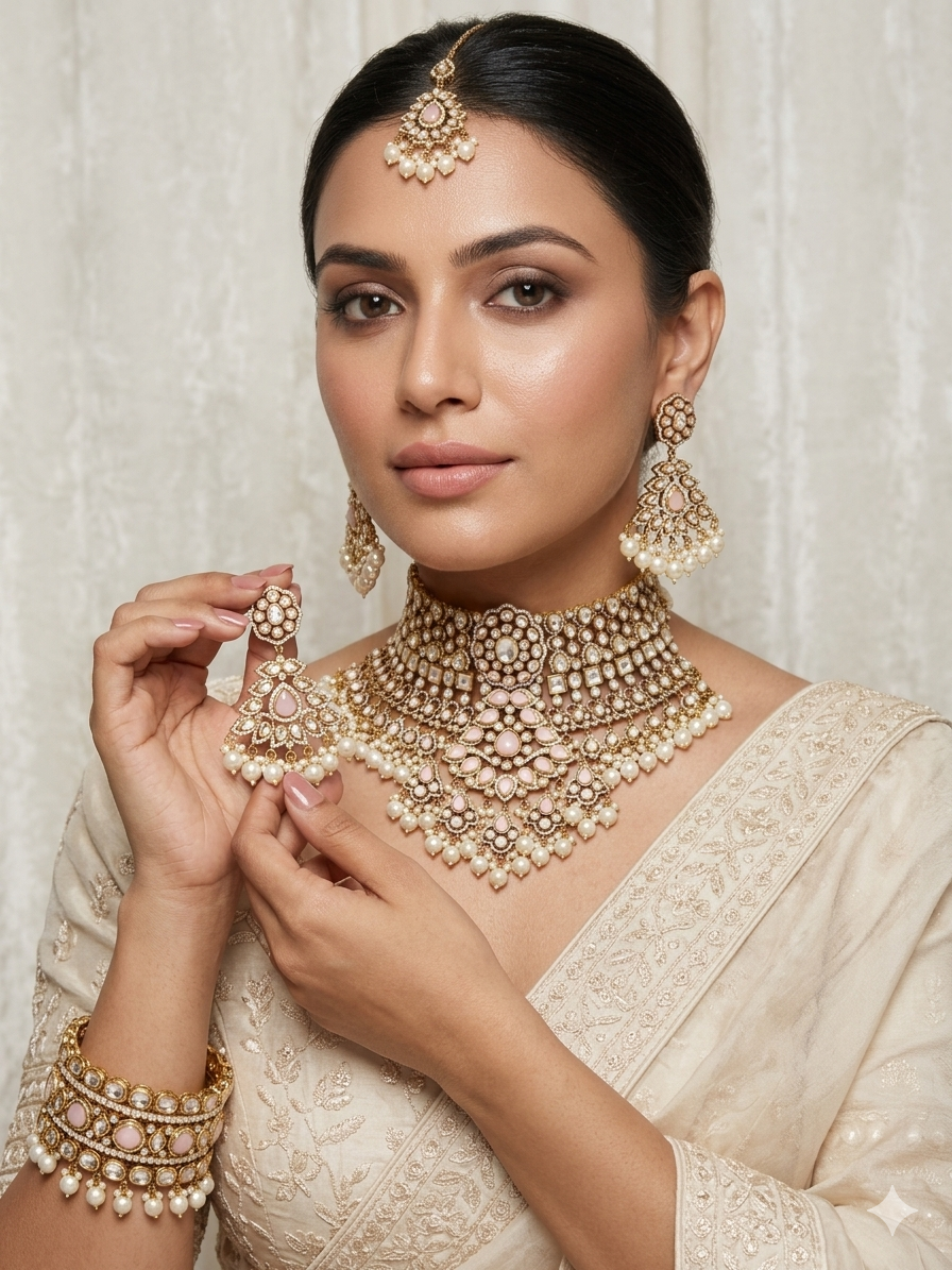 Bridal kundan choker set with pink stones and pearl drops