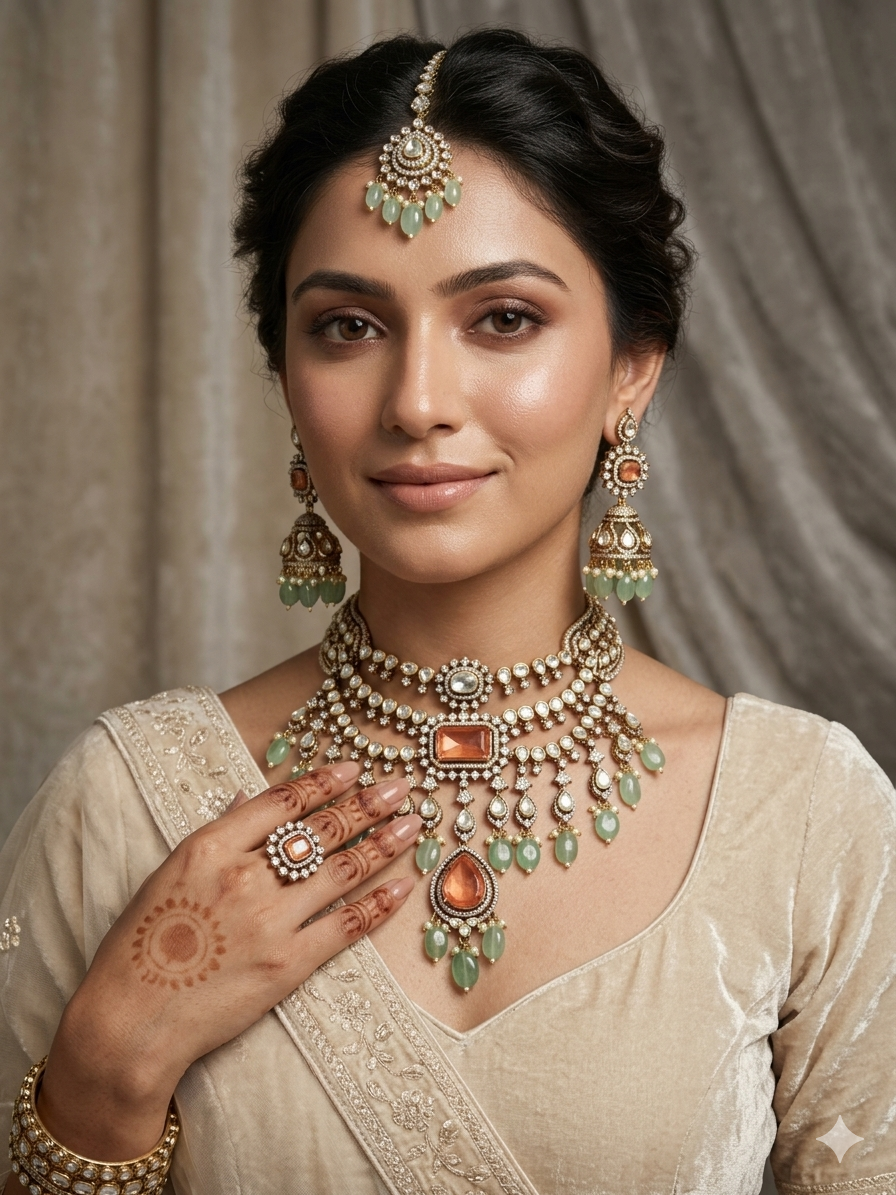 Indian bridal kundan polki choker necklace set with earrings and maang tikka