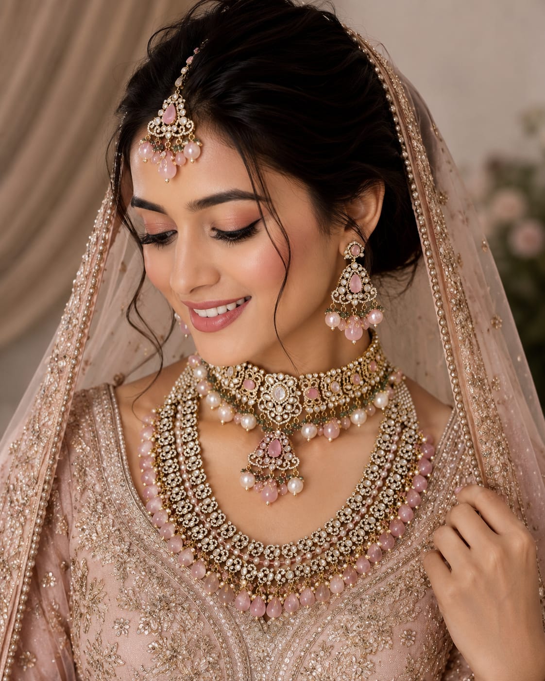 Luxury Pink Kundan Polki Bridal Jewellery Set