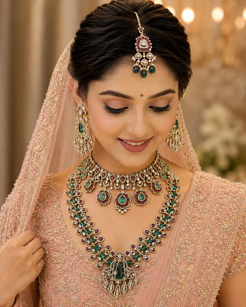 Green and ruby Kundan bridal jewellery set with statement choker