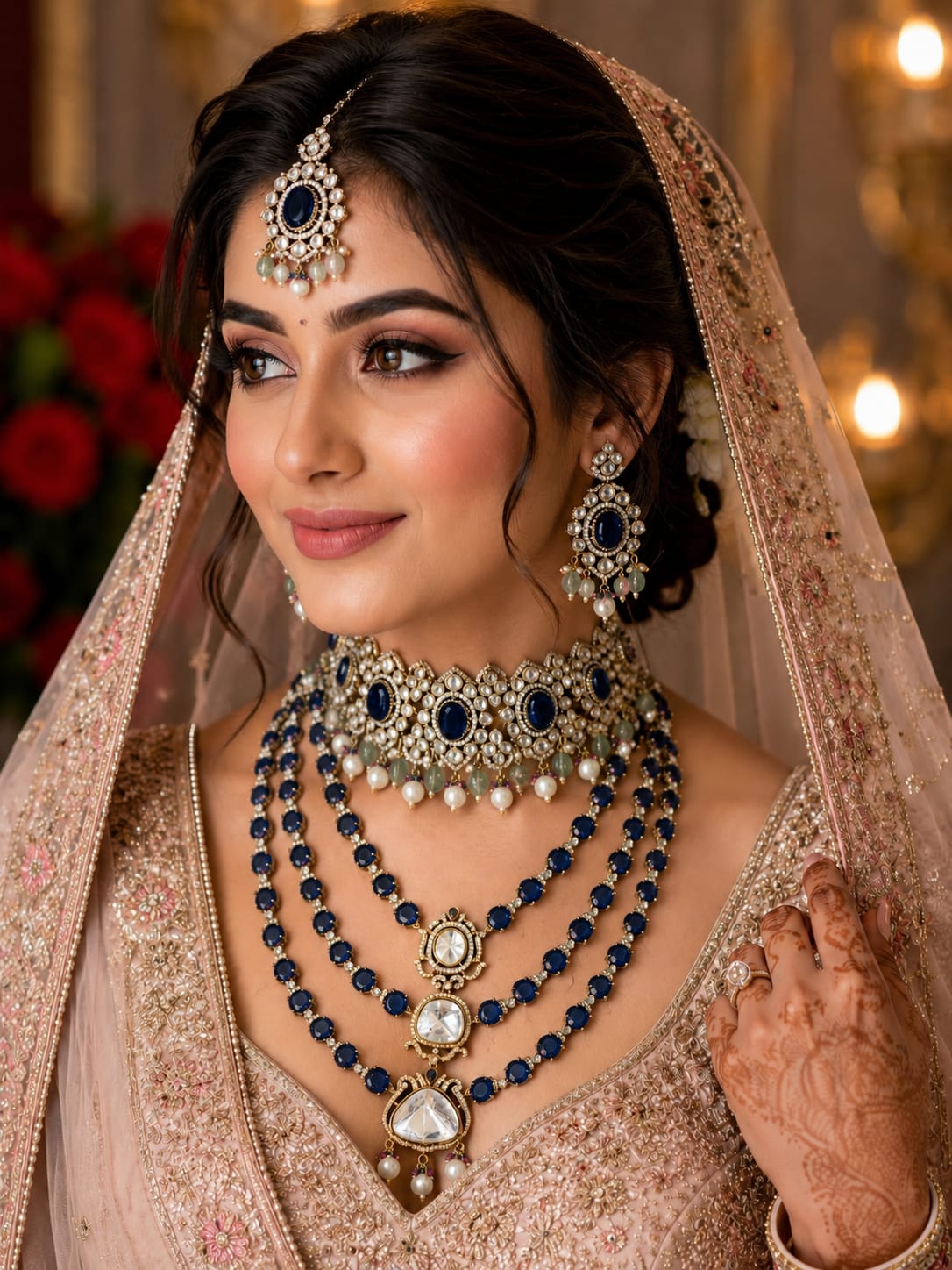 Luxury Blue Polki Bridal Jewellery Set with Triple Layer Necklace