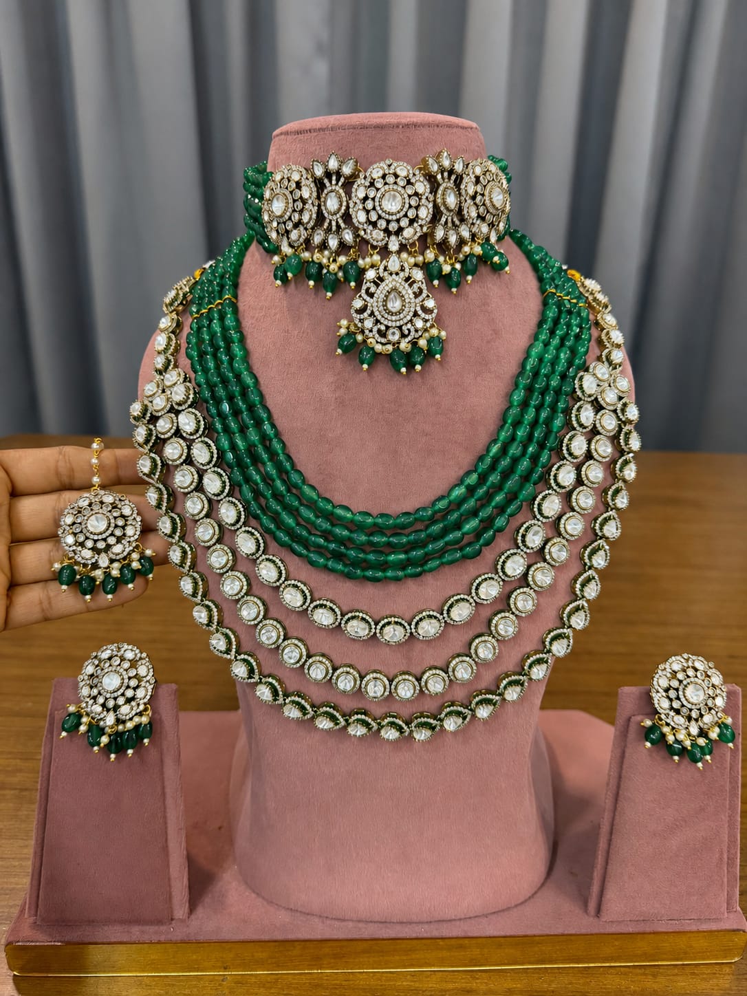 Premium Emerald Green Bridal Kundan & Polki Jewellery Set with Multi-Layer Beaded Haram, Choker and Stud Earrings