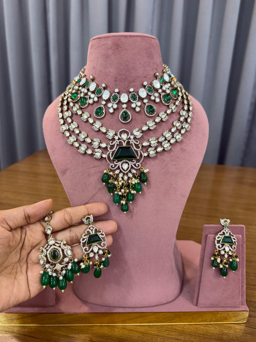 Emerald Green Bridal Kundan Polki Jewellery Set with Choker Necklace and Earrings